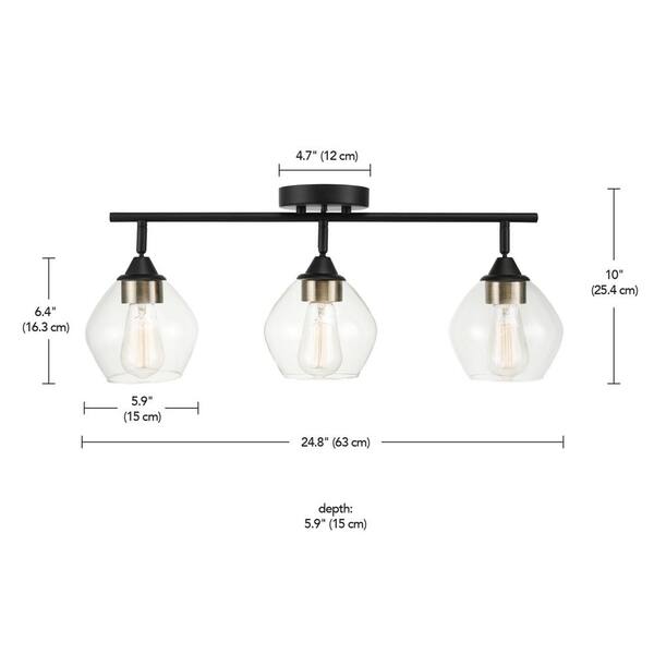 Harrow 2.07 ft. 3-Lights Matte Black Fixed Track Lighting Kit with Brass Accents and Clear Glass Shades, Bulbs Included
