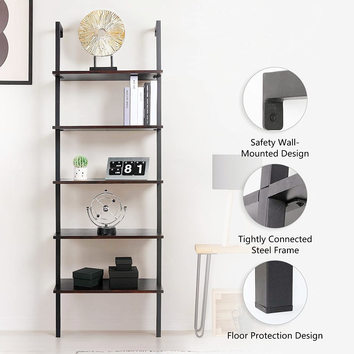 Zimtown 5-Shelf Wood Bookcase and Bookshelf, Wall Mounted Learning Ladder Display Rack, Black Finish