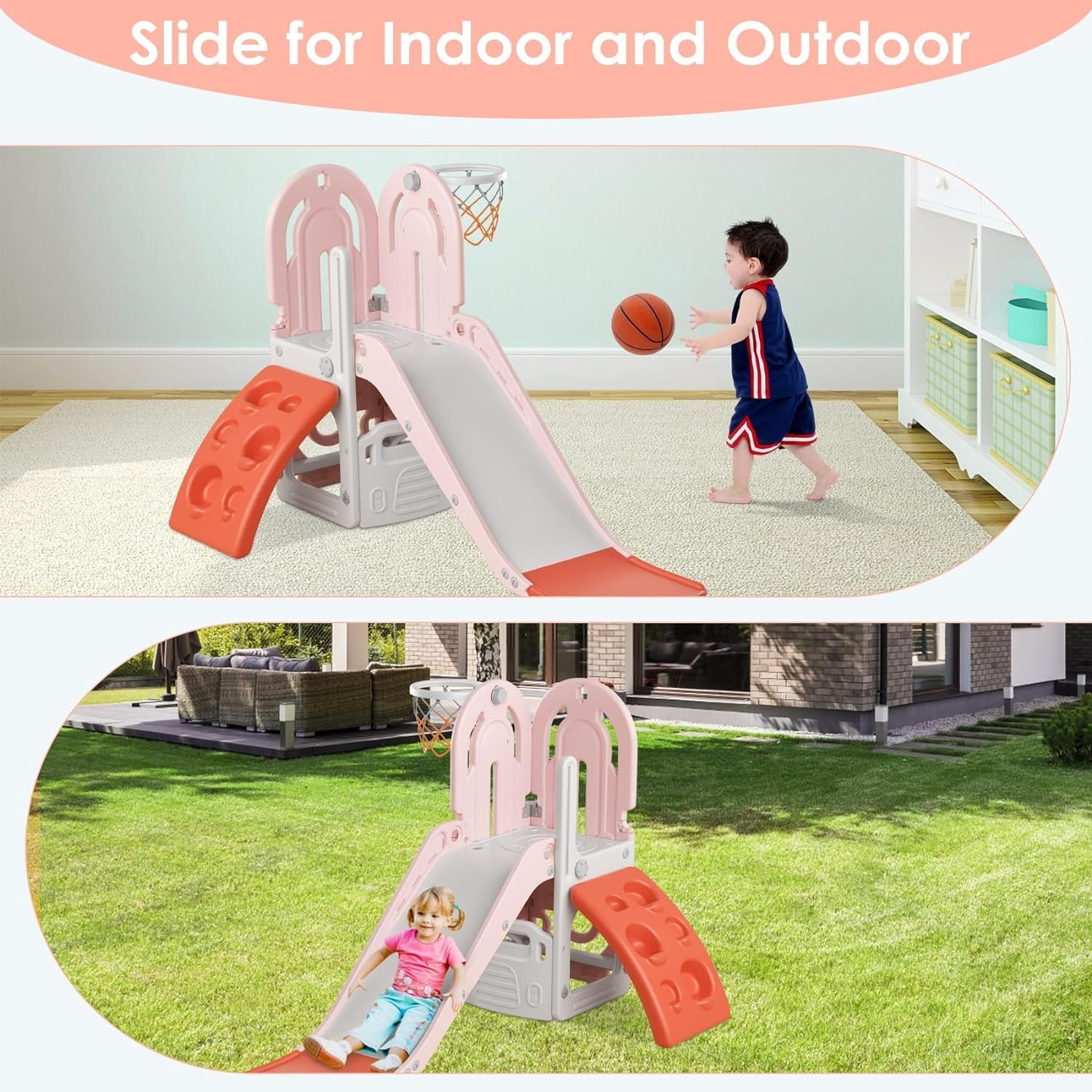 Suteck 5 in 1 Toddler Slide, Swing and Slide for Toddlers Age 1-3 with Basketball Hoop and Basketball, Slide for Kids5 in 1 Toddler Slide, Swing and Slide for Toddlers