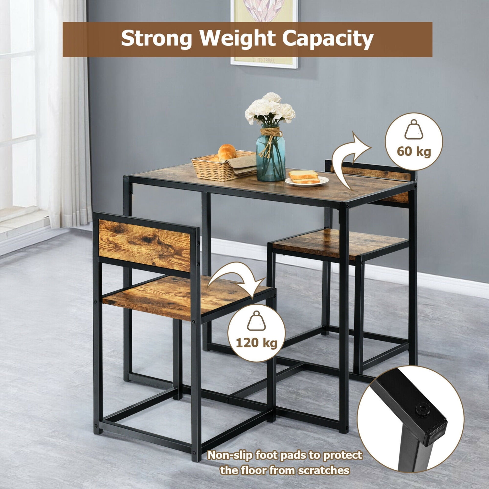 Gymax 3pcs Dining Set Compact Table and 2 Chair Home Kitchen Breakfast Antique