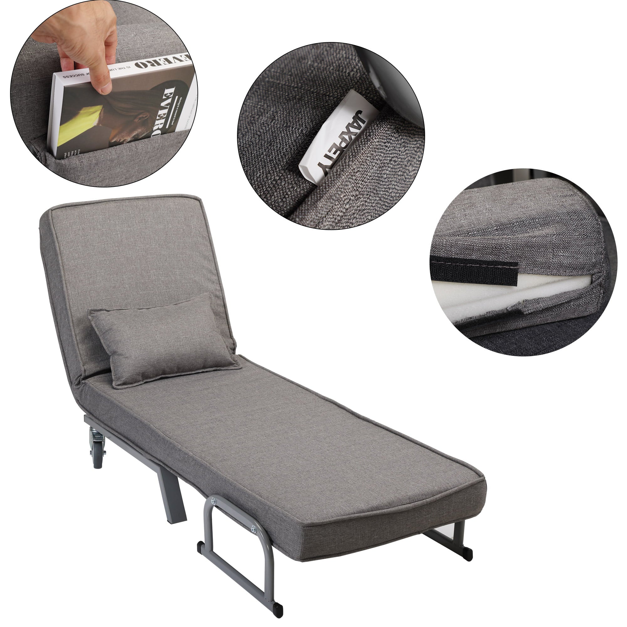 Jaxpety Convertible Sofa Bed Sleeper Arm Chiar, 6-Position Folding Lounge Leisure Recliner W/ Pillow, Gray