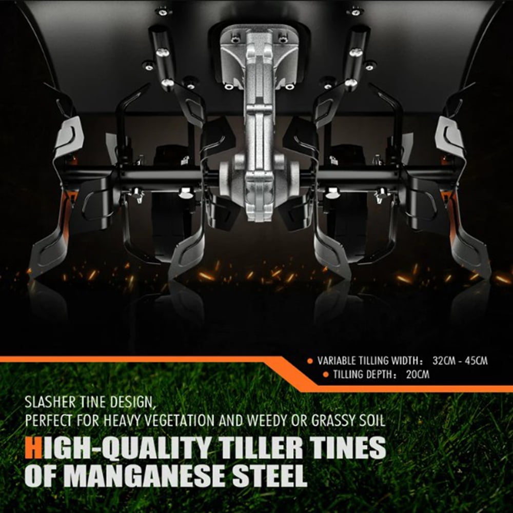 Adjustable Electric Tiller, Working 8'' Tilling Depth , Width(18''/12.5'')with  Wheels,Foldable Handle and Removable Blade Black