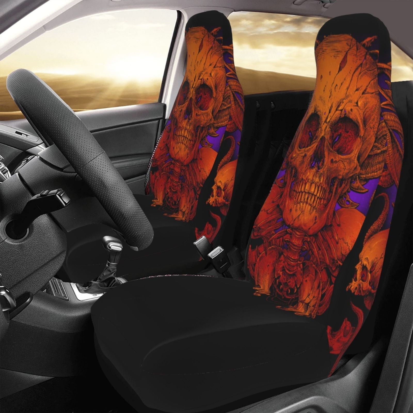 TEQUAN Front Seat Covers, Magic Scary Skull Ghost Pattern 2 Piece Car Seat Cover Fit Most Car SUV Truck Van
