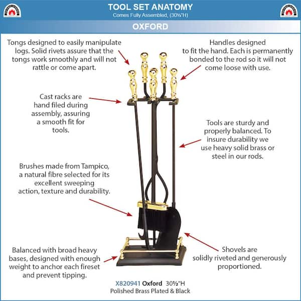 30.5 in. Tall 5-Piece Black and Polished Brass Oxford Fireplace Tool Set