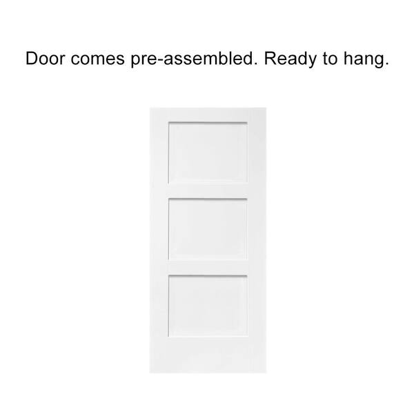 36 in. x 80 in. White Primed MDF 3 Panel Equal Style Interior Sliding Barn Door with Hardware Kit