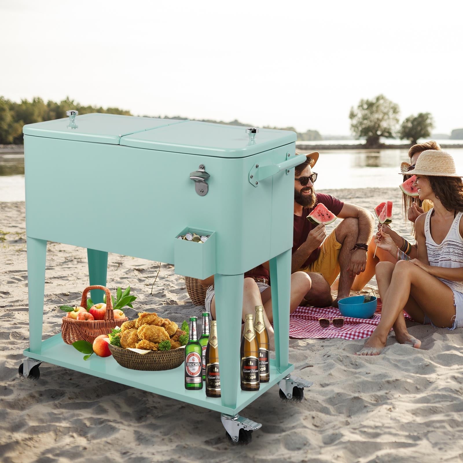 UBesGoo 80 Quart Patio Cooler Rolling Cooler Ice Chest with Shelf, Wheels and Bottle Opener Green
