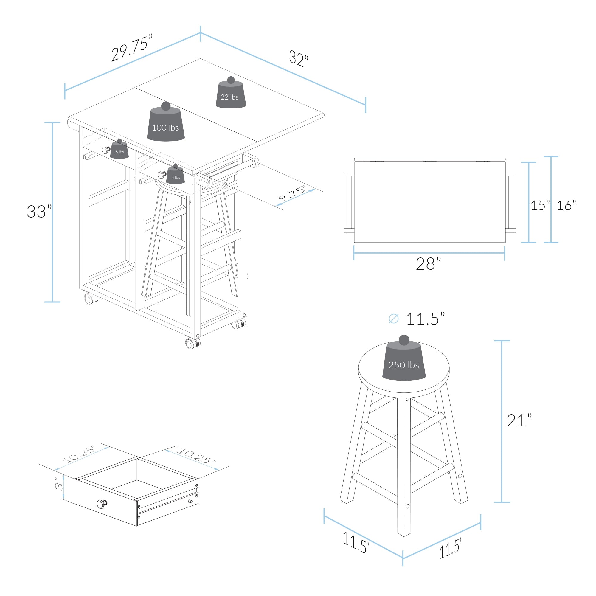 Breakfast Cart with Drop-Leaf Table, American Maple Top, Square - White