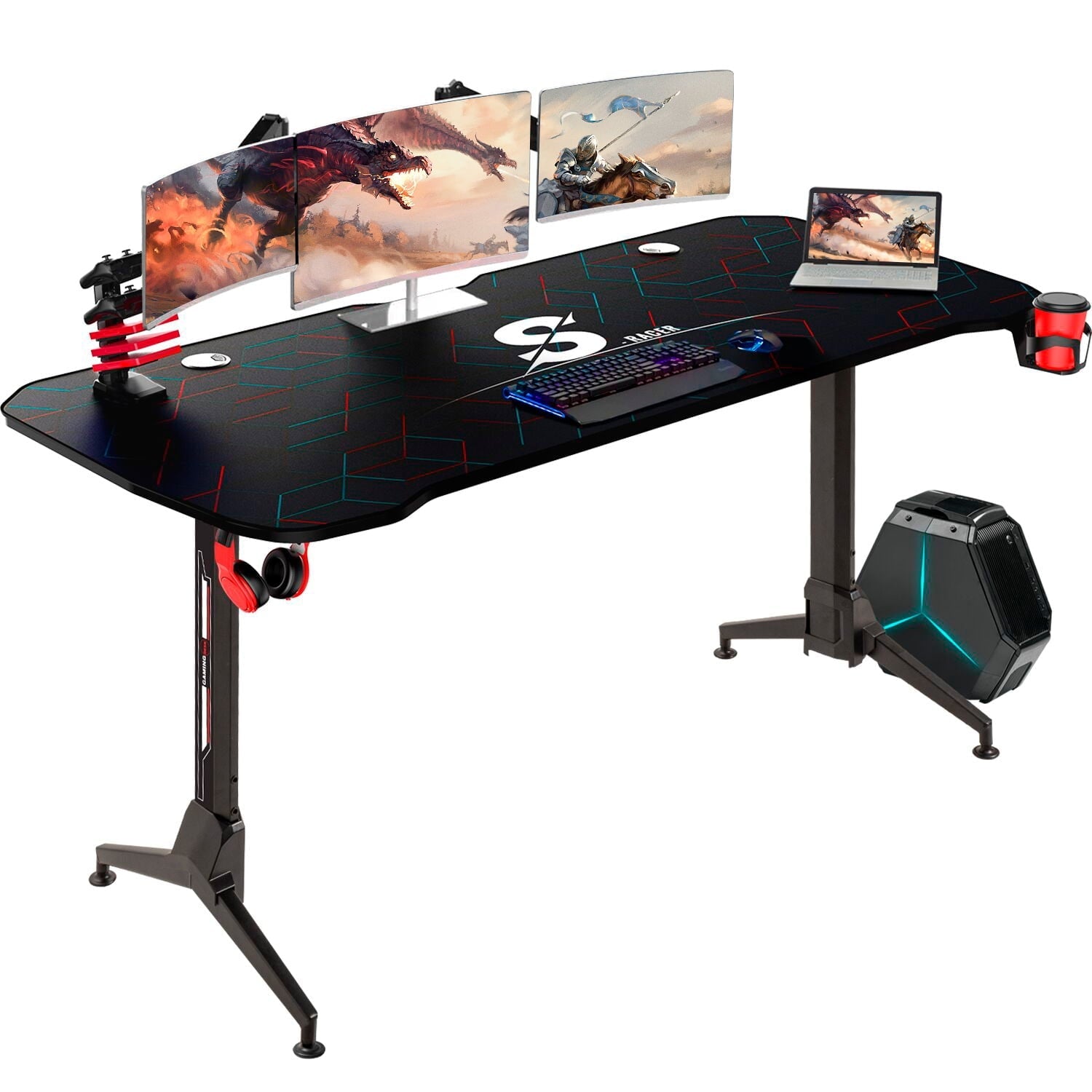 Lacoo Gaming Desk Steel Frame Y-shaped Gaming Desk with Adjustable Height, Black 63