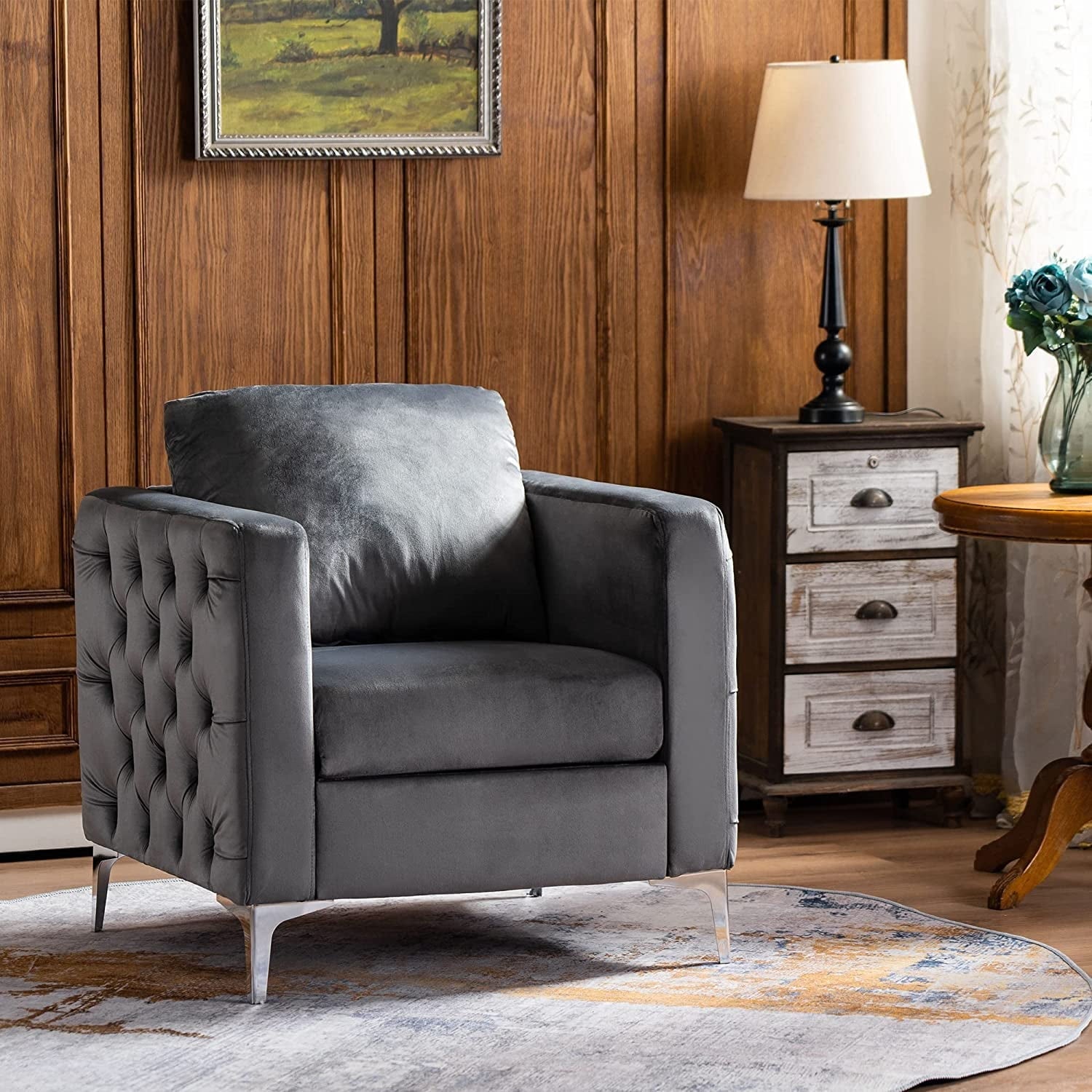 Mcombo Velvet Accent Club Chair, Single Sofa Chair, Armchair 4066 (Grey)