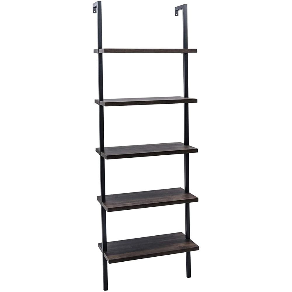 Zimtown 5-Shelf Wood Bookcase and Bookshelf, Wall Mounted Learning Ladder Display Rack, Black Finish