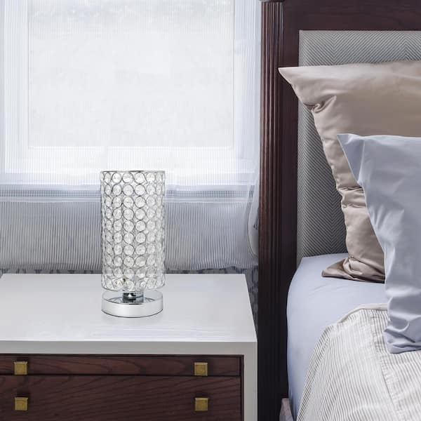10.75 in. 1-Light Chrome Elipse Crystal Bedside Nightstand Cylindrical Uplight Table Lamp