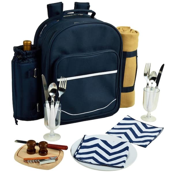 Deluxe Equipped 2-Person Picnic Backpack with Blanket in Navy and Chevron