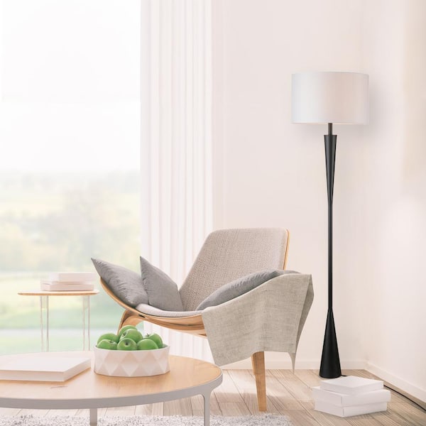 Temple 70 in. Matte Black Floor Lamp with White Fabric Shade