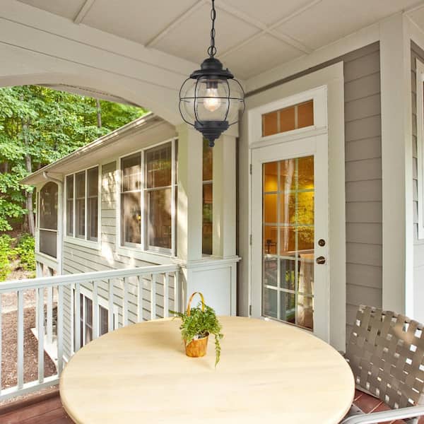 Globe Industrial Black Outdoor/Indoor Pendant Light 1-Light Porch, Hallway Cage Hanging Light with Seeded Glass Shade