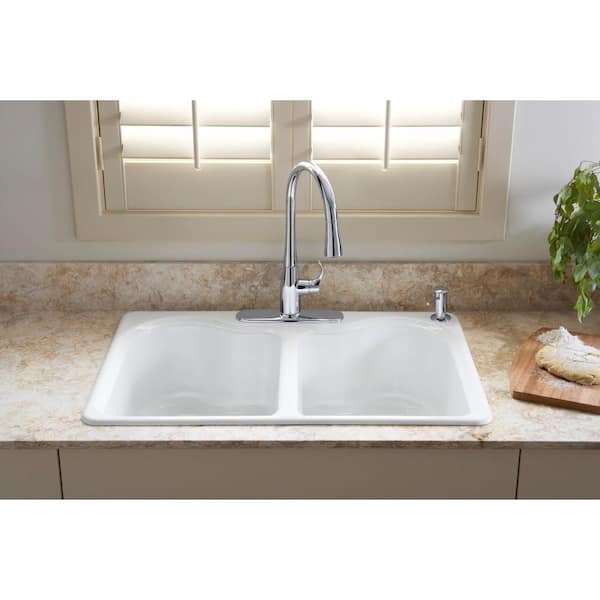 Hartland Drop-In Cast Iron 33 in. 4-Hole Double Bowl Kitchen Sink in White