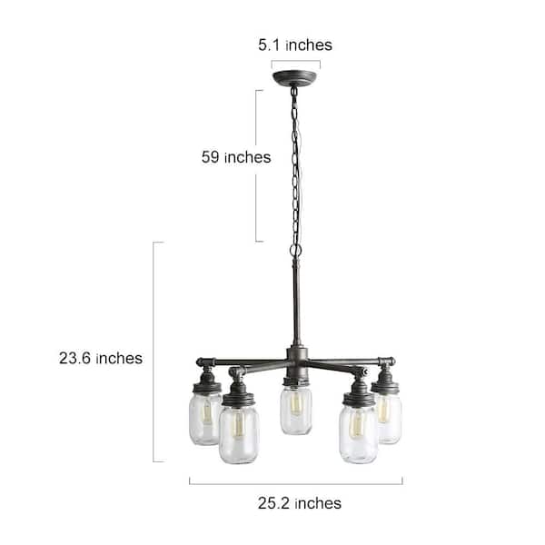 5-Light Rustic Brushed Black Pipe Chandelier with Modern Industrial Dark Gray Accents and Clear Mason Jar Glass Shades