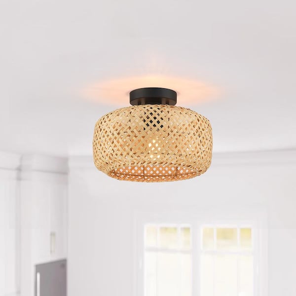 Bungalo 12 in. 1-Light Black/Wheat Bohemian Bamboo Semi-Flush Mount Light with Black Hardware