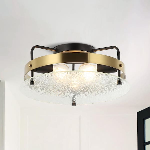 Modern 15 in. 3-Light Matte Black and Gold Drum Semi- Flush Mount Ceiling Light Fixture with Clear Glass