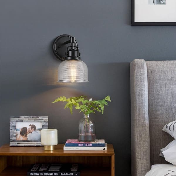 6 in. 1-Light Black Bathroom Wall Sconce with Clear Prismatic Glass Shade