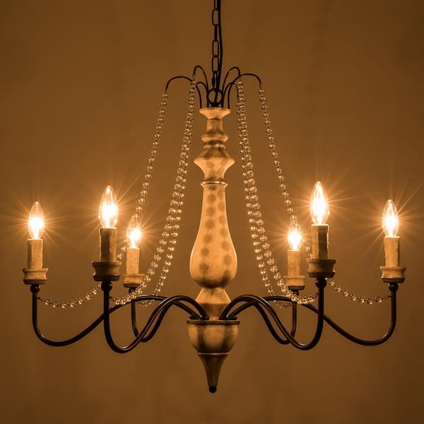 6-Light Crystal White Chandelier, Vintage Candle Farmhouse Ceiling Pendant Light Fixture for Dining Room Living Room