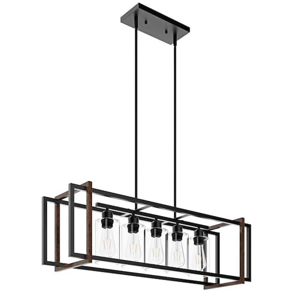 5-Light Black Kitchen Island Statement Square Chandelier Modern with Glass Shade Hanging Light Fixture