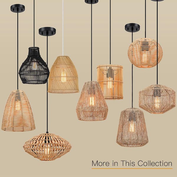 11.8 in. 1-Light Eclectic Natural Rattan and Bamboo Semi-Flush Mount Ceiling Light with Black Hardware