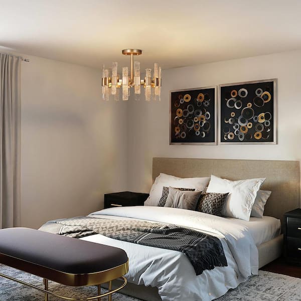 Modern Kitchen Chandelier Ceiling Light, 14.2 in. 3-Light Gold Drum Cylinder Semi-Flush Mount with Ice Glass Strips