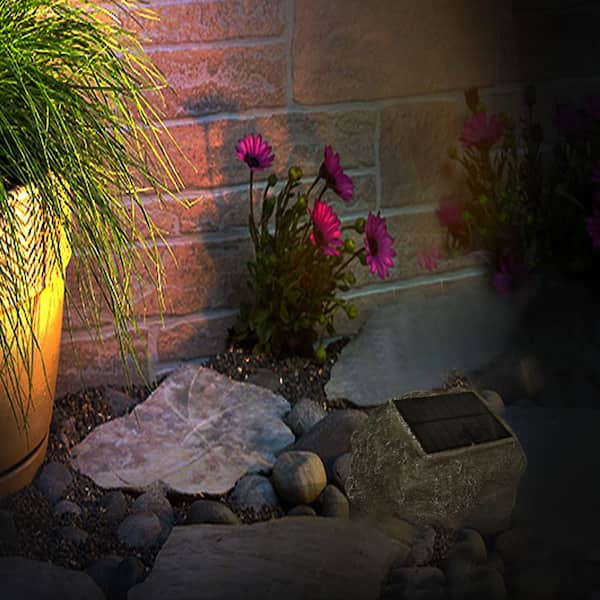 Sandstone White Faux Rock LED Outdoor Solar Path Light (3-Pack)
