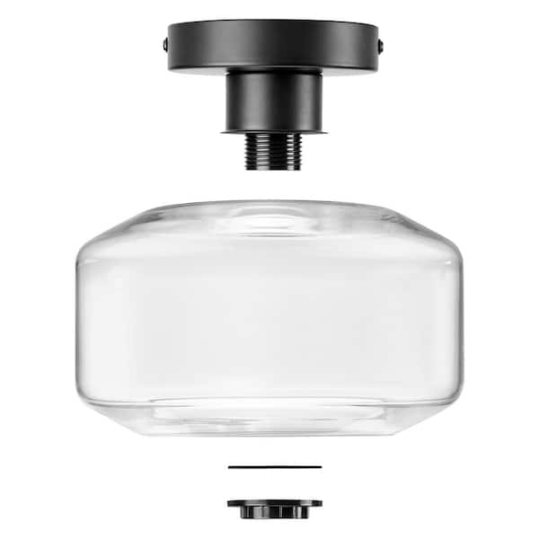 Semi Flush Mount Industrial Ceiling Light Fixture, Black with Clear Glass Pendant Lamp Shade, Bulb Not Included