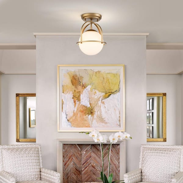 Fragoso 8.66 in. 1-Light Brass Semi Flush Mount Light with Opal Glass