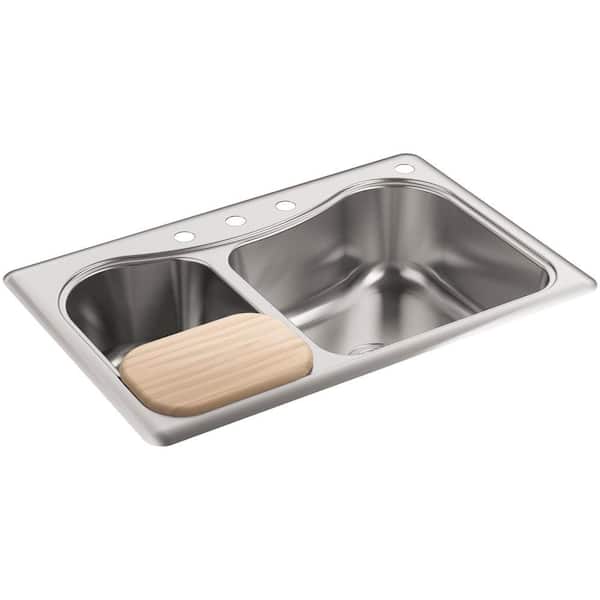 Staccato Drop-In Stainless Steel 33 in. 4-Hole Double Offset Bowl Kitchen Sink with Included Hardwood Cutting Board