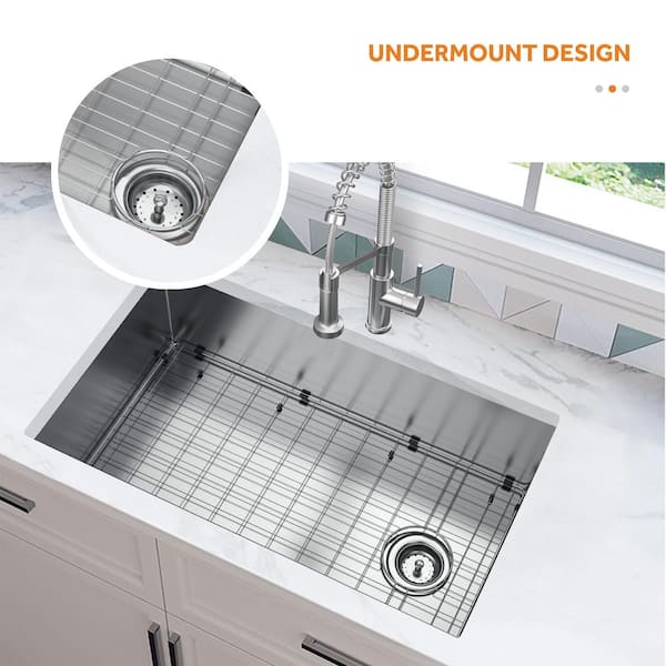 All-in-One Zero Radius Undermount 16G Stainless Steel 32 in. Single Bowl Kitchen Sink, Offset Drain, Spring Neck Faucet