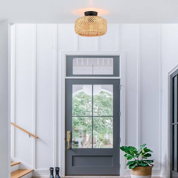 Bungalo 12 in. 1-Light Black/Wheat Bohemian Bamboo Semi-Flush Mount Light with Black Hardware