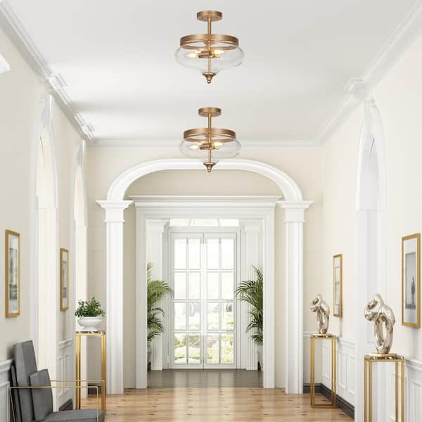 Modern Gold Center-Bowl Bedroom Ceiling Light 3-Light Round Living Room Semi-Flush Mount Light with Clear Glass Shade