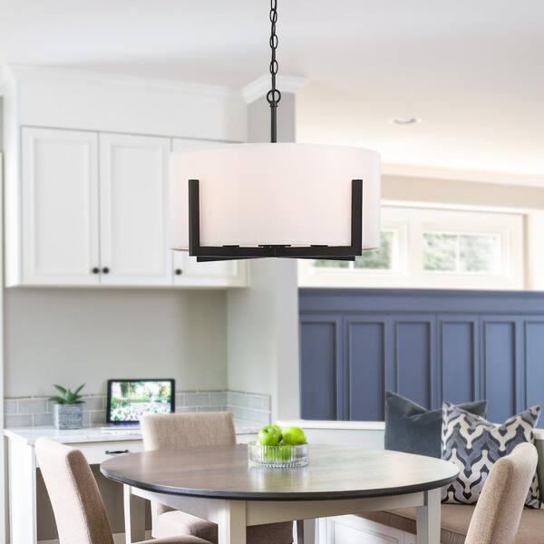 22 in. 4-Light Matte Black Chandelier Pendant Light with White Drum Shade
