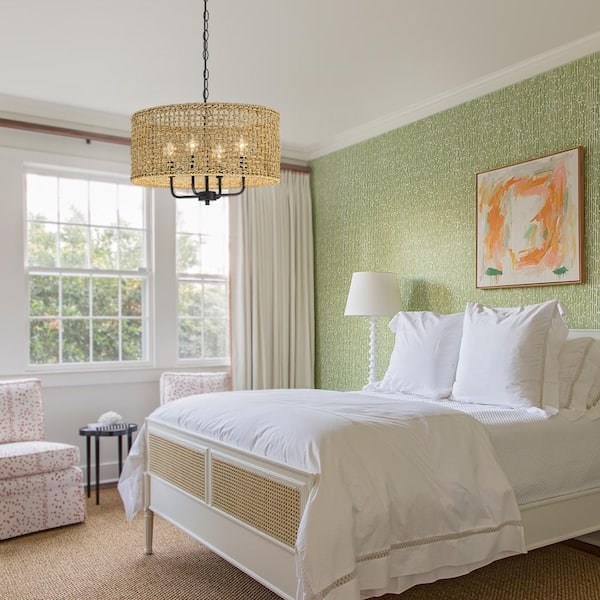 Cape 20 in. 4-Light Bohemian Drum Chandelier with Lime Hand Woven Shade