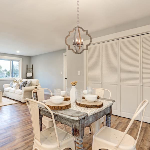 Modern Farmhouse Cage Chandelier Bronze 4-Light Island Candlestick Chandelier Rust Proof Weathered Wood Pendant Light