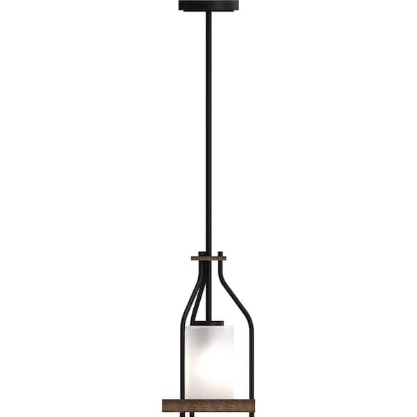 Emery 1-Light Walnut & Black Indoor Mini Pendant with Frosted Glass Cylinder Shade