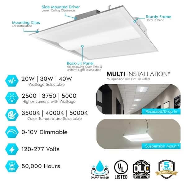 2 ft. x 2 ft. 2500/3750/5000 Lumens Integrated LED Panel Light 3 Color Options 3500K/4000K/5000K Dimmable (4-Pack)