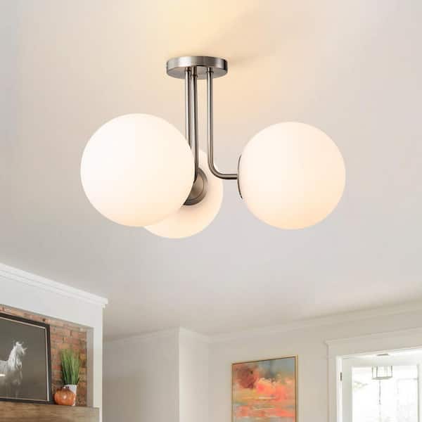 Lueck 22 in. 3-Light Modern Sputnik Nickel Semi Flush Mount with Globe White Glass