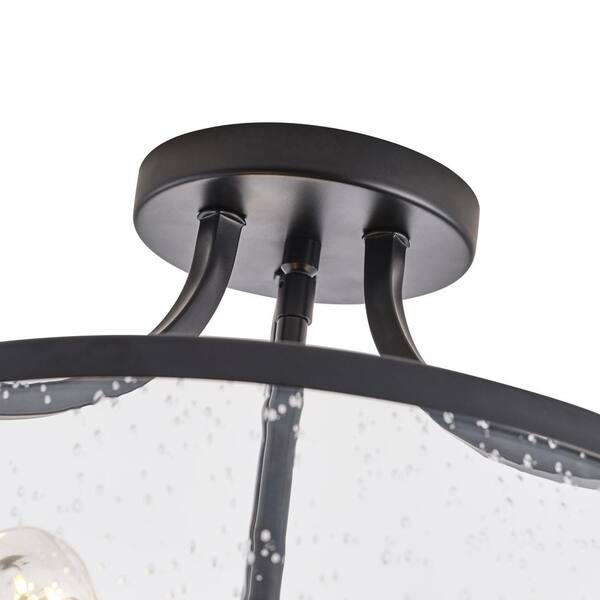 15.7in. 3-Light Industrial Black Semi-Flush Mount Ceiling Light with Seeded Glass Shade