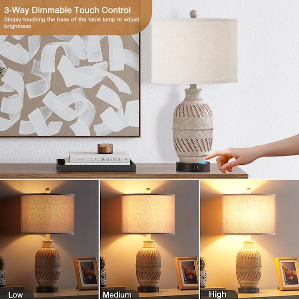 23 in. Beige Resin Table Lamp with 2 USB Ports