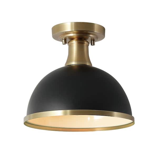 Beckett 10.35 in. 1-Light Matte Black Semi-Flush Mount with Matte Brass Accents