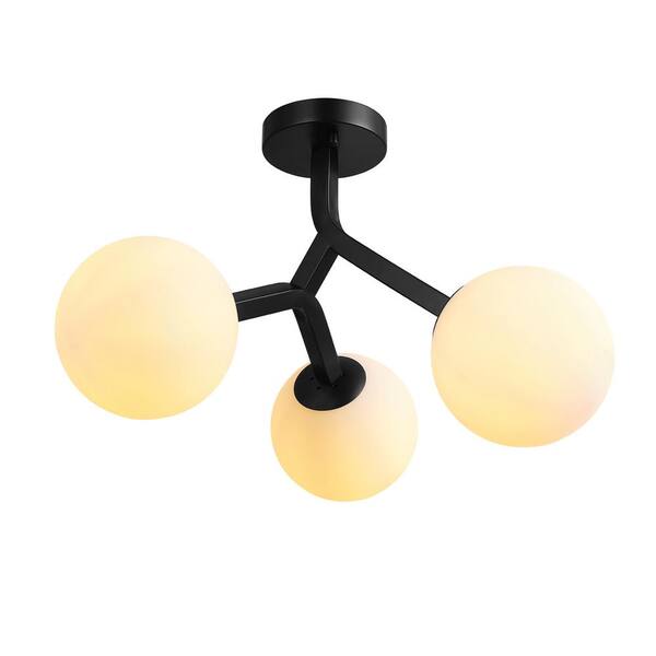 20 in. 3-Light Matte Black Modern Semi-Flush Mount with frosted glass shade and No Bulbs Included