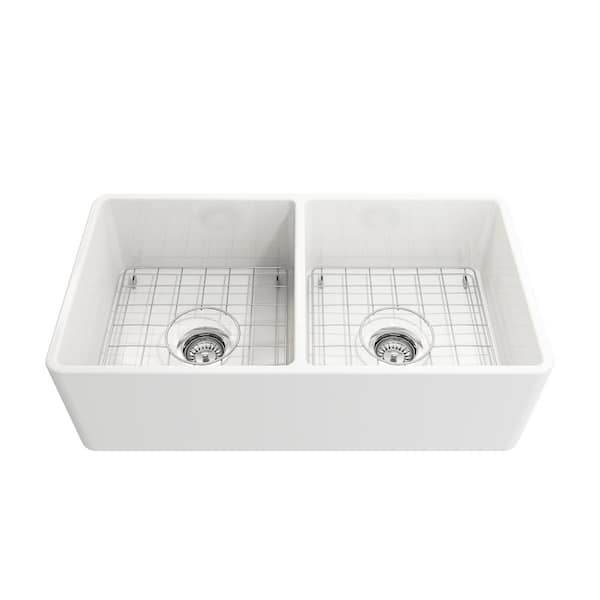 Farmhouse Apron-Front Fireclay 33 in. Double Bowl Kitchen Sink in White with Bottom Grid