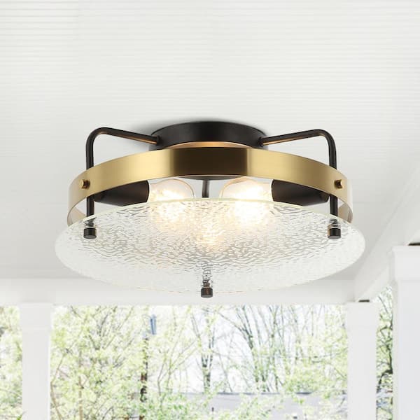 Modern 15 in. 3-Light Matte Black and Gold Drum Semi- Flush Mount Ceiling Light Fixture with Clear Glass