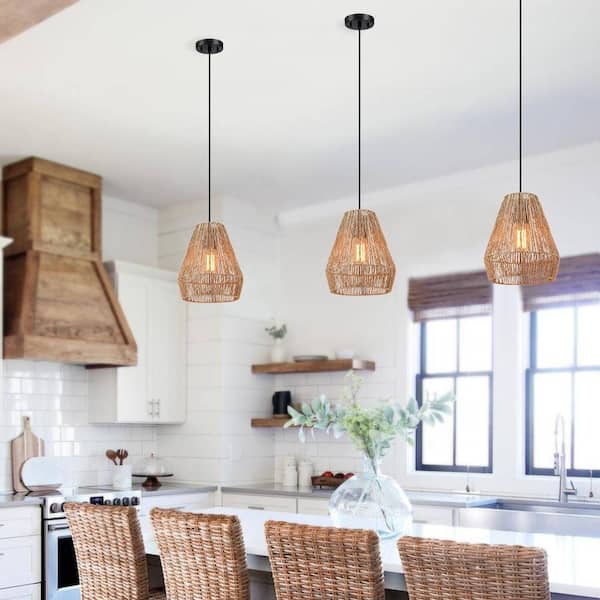1-Light Bohemian Natural Jute Rope Island Mini Pendant Light with Black Hardware