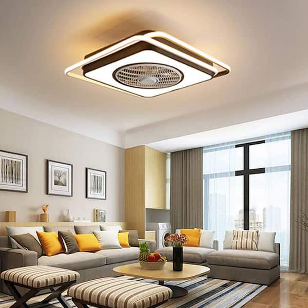 23 in. Square Black Modern LED Flush Mount 3-Color Change Enclosed Ceiling Fan With Light