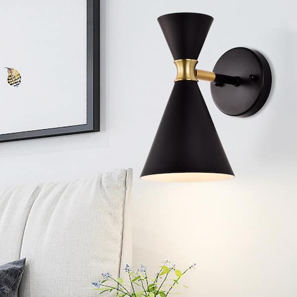 1-Light Black Wall Sconce with Brass Accents
