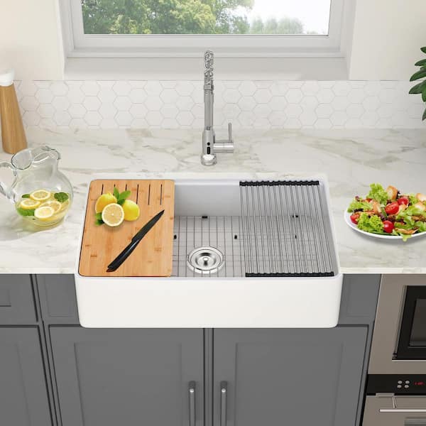 White Fireclay 33 in. Single Bowl Farmhouse Apron Workstation Kitchen Sink with Cutting Board, Grid and Strainer